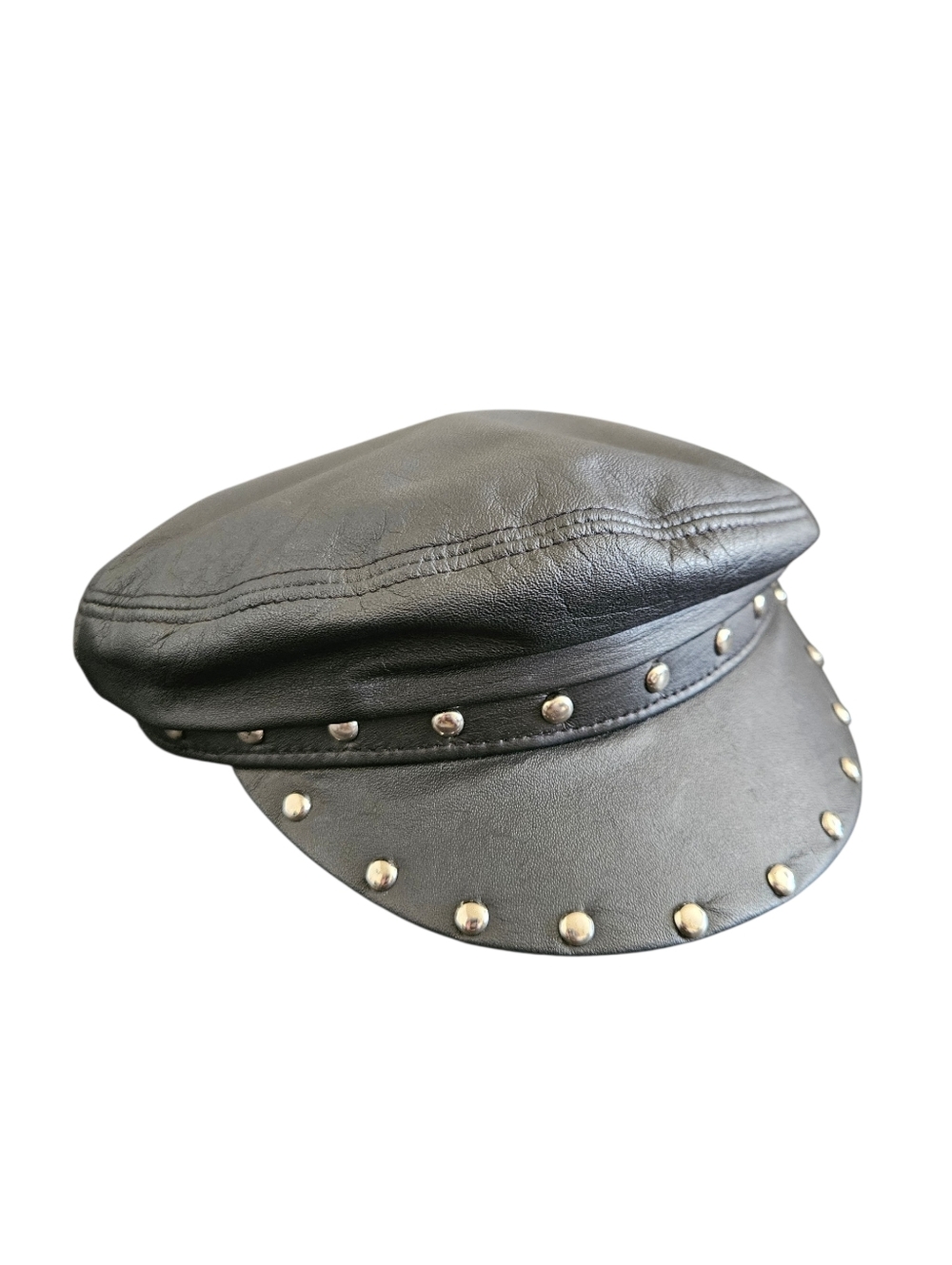 Vintage 90s Henchel Hat Co Black Studded Leather Biker Moto  Newsboy Cap Size XL